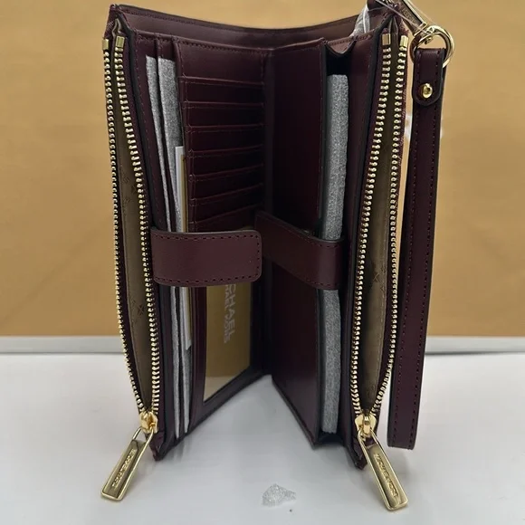 Michael Kors Jet Set Travel Lg Double-Zip Wristlet-Wallet-PhoneHolder Oxblood